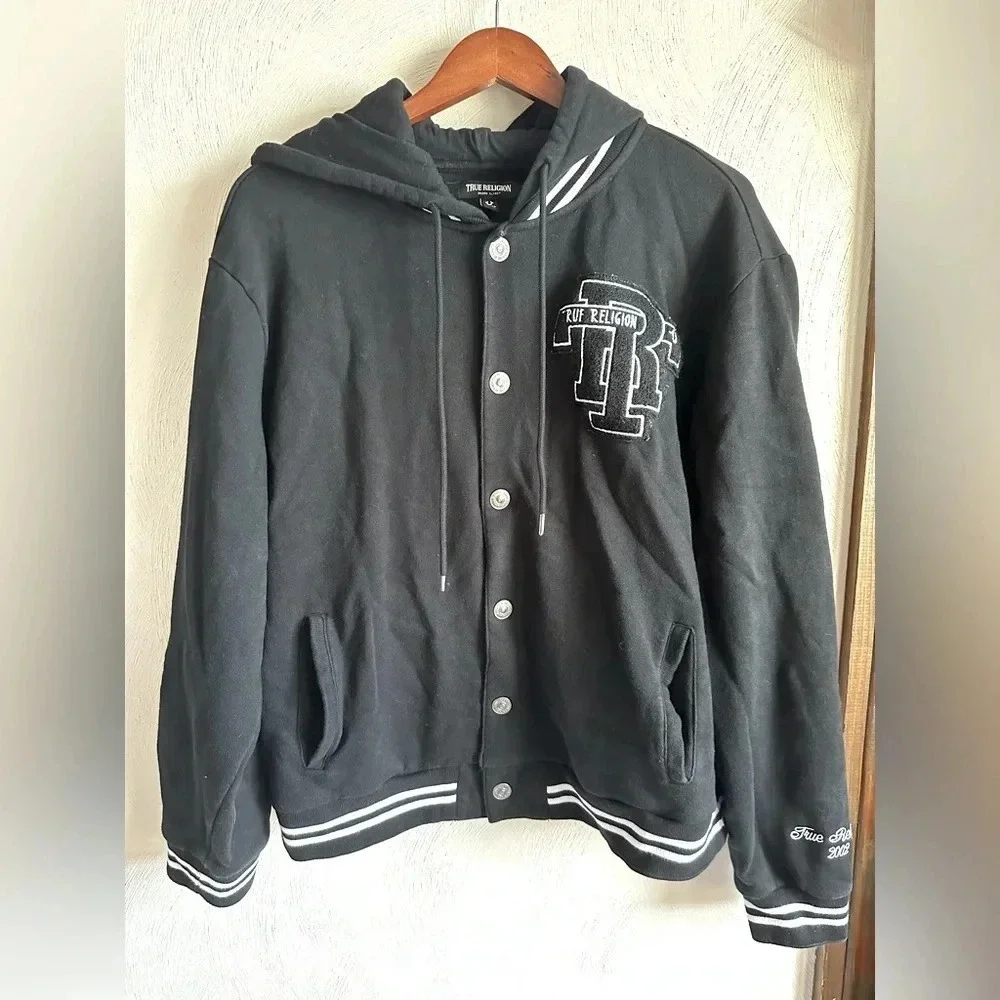 True Religion Logo Hooded Cotton Varsity Jacket. Size XL